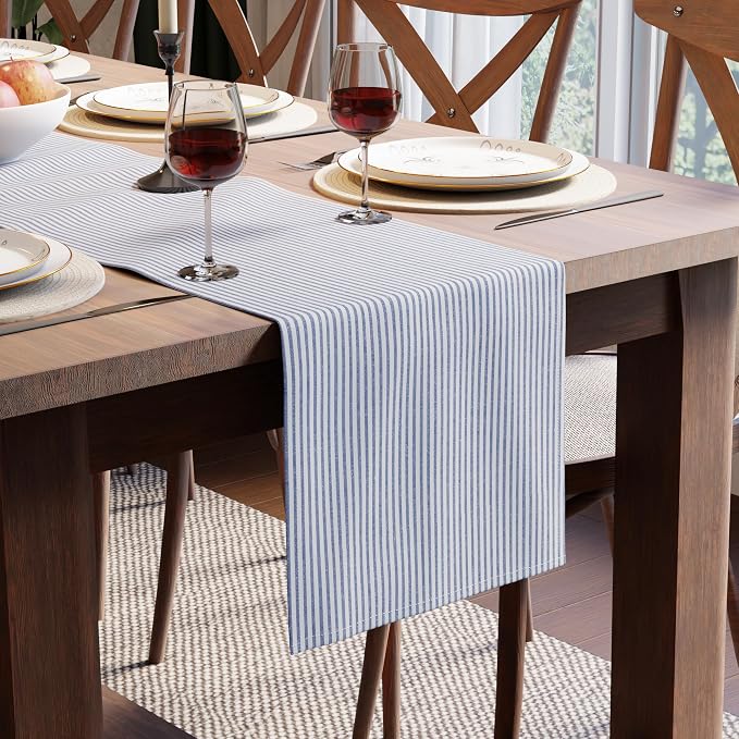 Encasa XO Table Runner, Woven Cotton Dining Runner 13"x94" | Ticking Navy Blue by EncasaXO
