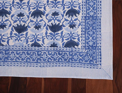 ATOSII Positano Blue 100% Cotton Rectangle Fall Tablecloth, Handblock Floral Linen Table Cloth for Dining Table I Parties Christmas Thanksgiving Grand Millennial Home Decor 72 X 140 Inches I 12 Seater
