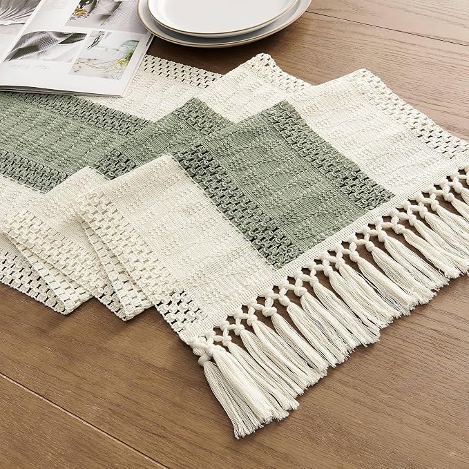 Macrame Style Bicolor Stitching Table Runner 14x36in Green | Woven Boho Table - Image 7