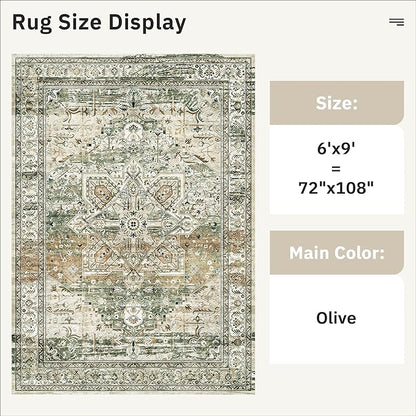 6x9 Area Rugs for Living Room Non-Slip Washable Rugs 6x9 Vintage Rug for Bedroom Dinning Room Ultra-Thin Area Rugs Farmhouse Home Decor Olive/Beige