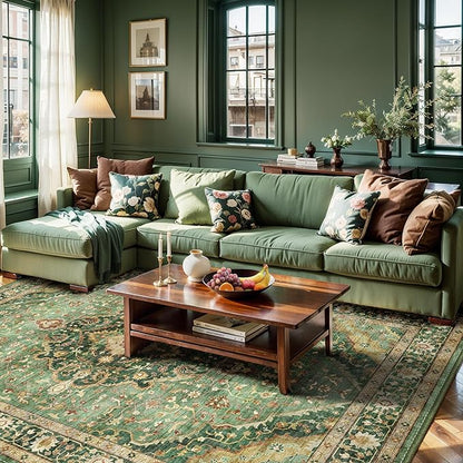 Green Rugs for Bedroom Area Rugs 5x7 Washable Rugs Boho Vintage Oriental Large Foldable Faux Wool Carpet for Living Room Nursery Room Dorm Kids Playroom Home Office