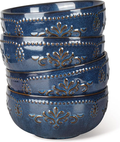Soup Bowls 32 OZ, Cereal Bowls Set of 4, Embossment Ceramic Ramen Bowls by Artena