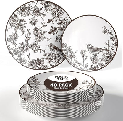 Trendables Disposable Dinnerware Sets Vintage Plates Plastic Disposable Plates Set For 20 Guests 20 x 8 Inch Dessert Plate & 20 x 10 Inch Wedding Plates & Party Plates Rustik