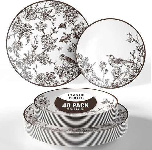 Trendables Disposable Dinnerware Sets Vintage Plates Plastic Disposable Plates Set For 20 Guests 20 x 8 Inch Dessert Plate & 20 x 10 Inch Wedding Plates & Party Plates Rustik
