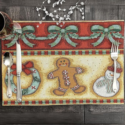 DaDa Bedding Gingerbread Snowman Sweets Placemats - Set of 4 Festive Christmas Wreath Holiday Tapestry - Cotton Linen Woven Dining Table Mats - 13” x 19” (12917)