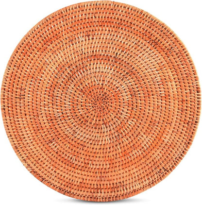 Vagabond House Handmade Rattan Chargers - Set of 4 Large, Durable, Natural Woven Wicker Rattan Placemats for Dinner Plates with Pewter Anchor - Perfect for Beach Home, Ocean and Coastal Themes