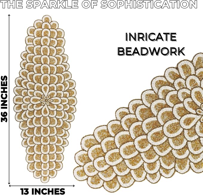 Gold Beaded Table Runner, 36 in, Farmhouse Holiday Décor | 13x36 in, 85% glass - Image 3