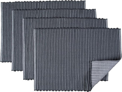 Sticky Toffee Woven Cotton Placemats Set of 4, Gray Ribbed 14 x 19 in, Washable Table Mats for Dining Table or Kitchen