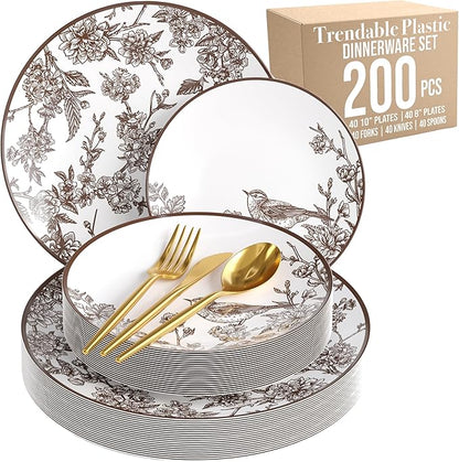 Trendables Fancy Plastic Dinnerware Sets 200 Pc Set 40 Guests Gold Silverware Disposable 40 X 10 Inch Charger Plates 40 X 8 Inch Dessert Plates 40 x Gold Plastic Forks and Spoons Knives In Rustik