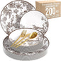 Trendables Fancy Plastic Dinnerware Sets 200 Pc Set 40 Guests Gold Silverware Disposable 40 X 10 Inch Charger Plates 40 X 8 Inch Dessert Plates 40 x Gold Plastic Forks and Spoons Knives In Rustik