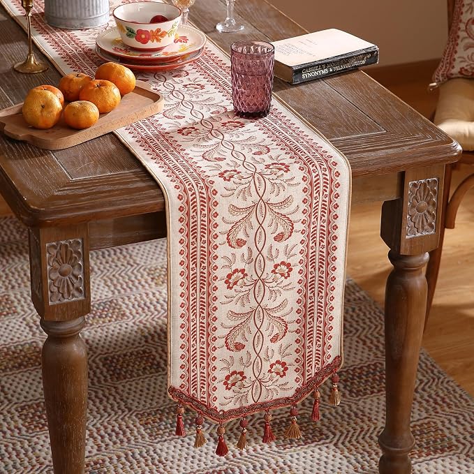 Designer Vintage Linen Extra Long Table Runner, Floral Pattern, Dining Table - Image 2