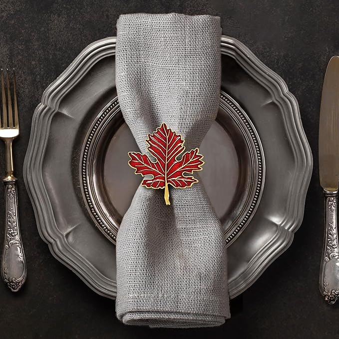 Decozen Set of 4 Red Gold Napkin Rings in Maple Design, Festive, Table Decor Setting for Holiday, Wedding, Birthday, Kitchen, Home Decor, Housewarming Gift - Thanksgiving Decoration