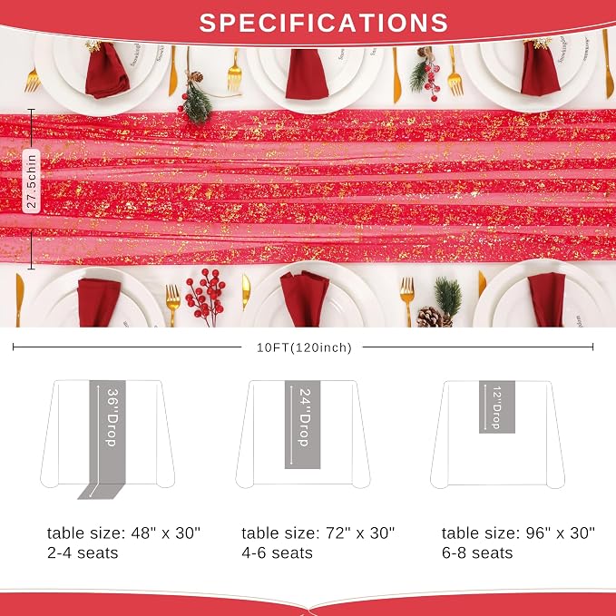 Snowkingdom Red Gold Table Runner Gauze 10FT Sparkly Sequin Glitter Sheer - Image 6