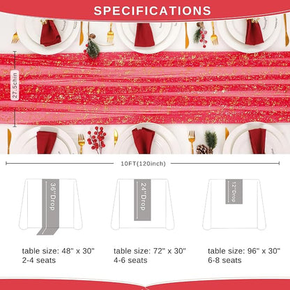 Snowkingdom Red Gold Table Runner Gauze 10FT Sparkly Sequin Glitter Sheer - Image 6