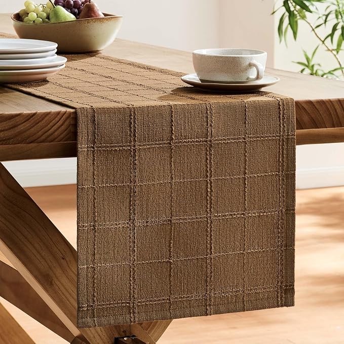 Linen Checked Farmhouse Table Runner, 13x72 Inches Roasted Brown | Raised Grid - Image 4