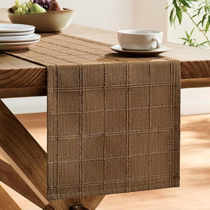Linen Checked Farmhouse Table Runner, 13x72 Inches Roasted Brown | Raised Grid - Image 4