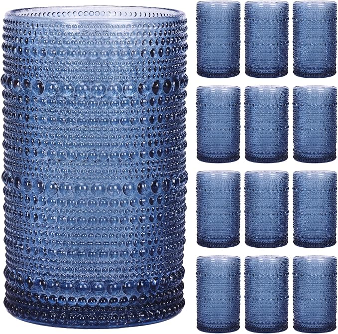Moretoes12 Pack 12 Oz Blue Hobnail Drinking Glasses Set, Water Glass Cups | by Moretoes