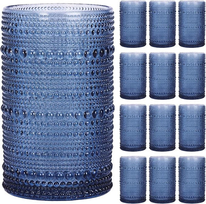Moretoes12 Pack 12 Oz Blue Hobnail Drinking Glasses Set, Water Glass Cups | by Moretoes