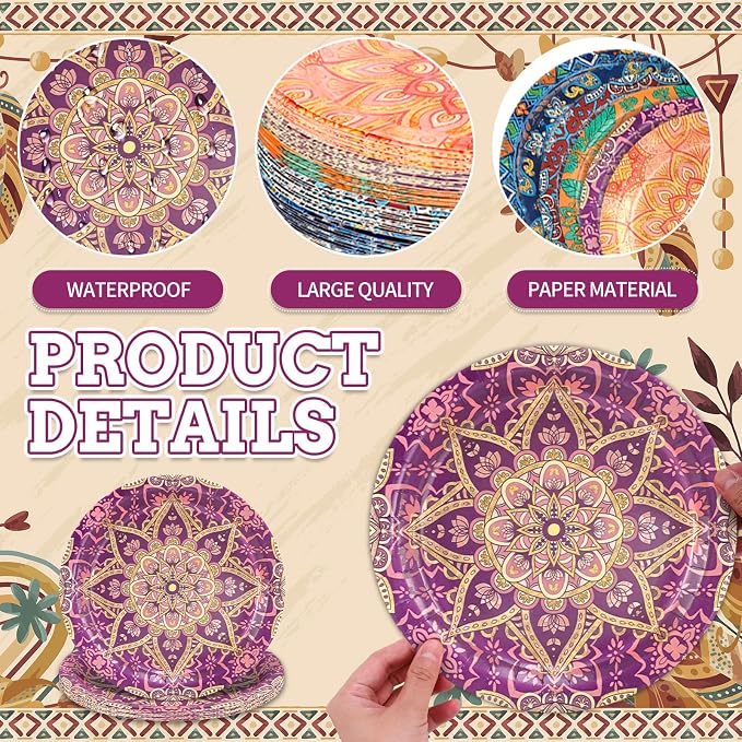 AnyDesign Boho Paper Plates Disposable Plates Vintage Bohemian Style Dessert - Image 3