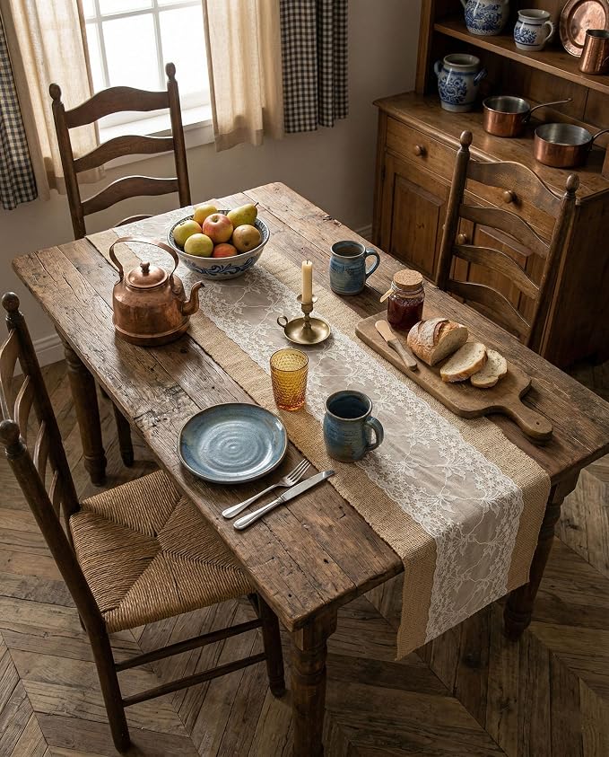 Burlap Table Runner with Lace, Rustic Farmhouse Table Runners - Image 5