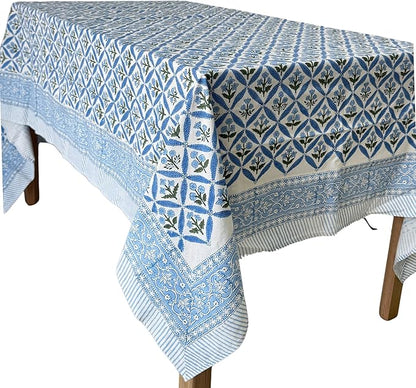 ATOSII Netta Blue 100% Cotton Rectangle Spring Tablecloth, Handblock Floral Linen Table Cloth for Kitchen Dining Table I Parties Weddings Outdoors Home Decor 72 X 120 Inches I 10 Seater
