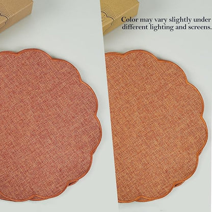 AHHFSMEI Round Faux Linen Placemats Set of 4 Waterproof Table Mats Heat Resistant Non-Slip and Stain Proof for Kitchen Dining Elegant Decor (Burnt Orange,4)