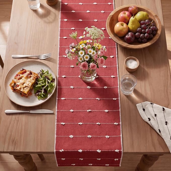 Artoid Mode Red Farbic Rustic Cotton Woven Table Runner, Farmhouse Christmas - Image 4