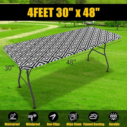 Smiry Rectangle Table Cloth Cover, Waterproof Elastic Fitted Picnic Tablecloth for 4 Foot Tables, Wipeable Flannel Backed Vinyl Tablecloths for Camping, Dining, Outdoor (Black, 30" x 48")