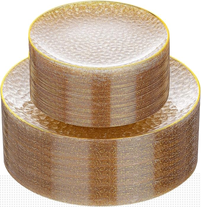 Rubtlamp 60Pcs Clear Gold Plastic Plates, Gold Glitter Disposable Plates, Hammered Plastic Plates Included 30 Dinner Plate And 30 Dessert Plates for Party