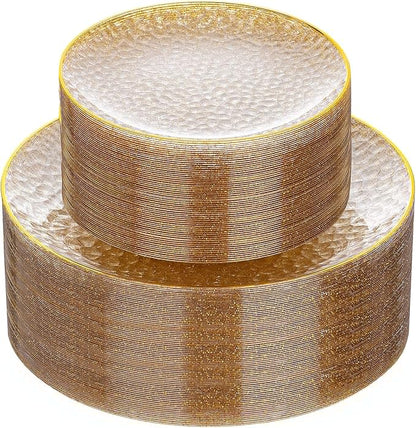 Rubtlamp 60Pcs Clear Gold Plastic Plates, Gold Glitter Disposable Plates, Hammered Plastic Plates Included 30 Dinner Plate And 30 Dessert Plates for Party