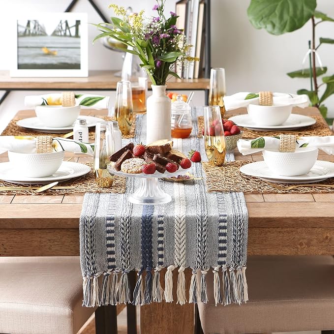 DII Farmhouse Braided Stripe Table Runner Collection, French Blue - Image 6