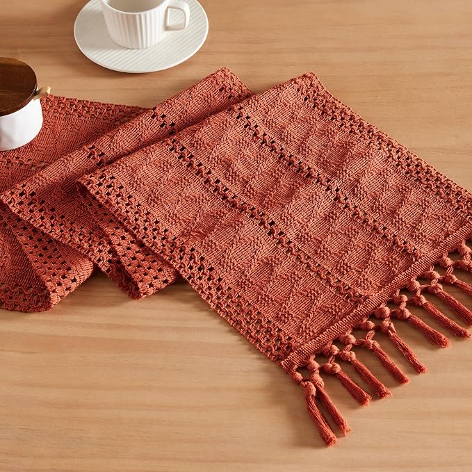 Macrame Style Boho Table Runner, 12x72 Inch Rust | Woven Boho Table Runner by ZEEMARTONLINE
