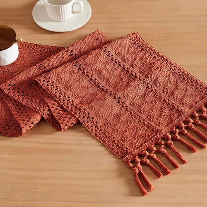 Macrame Style Boho Table Runner, 12x108 Inch Rust | Woven Boho Table Runner by ZEEMARTONLINE