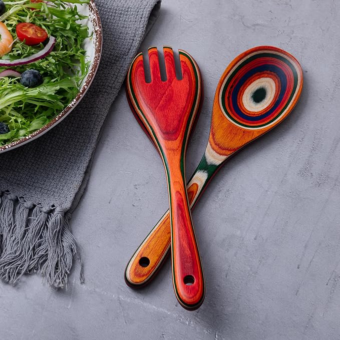Pakkawood Salad Tongs, 10.5 inch wooden Spoons, Serving utenstil colorful wood - Image 5