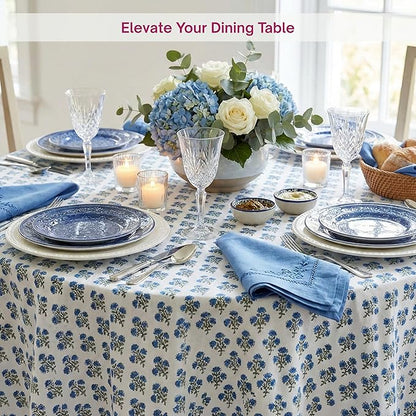 ATOSII Gulbahar Blue 100% Cotton Fall Round Tablecloth, Handblock Print Floral Table Cloth for Kitchen Dining Linen I Thanksgiving, Christmas, Weddings, Outdoors, Parties I 60" Inches I 4 Seater Table