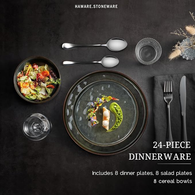 HaWare 24-Piece Dinnerware Set for 8, Reactive Moss Green | Stoneware, Ripple - Image 3