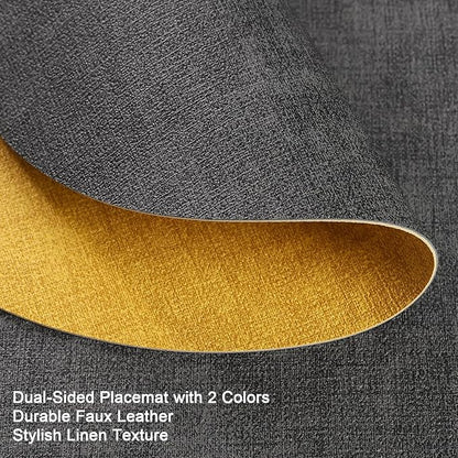 Placemats and Coasters, Washable Reversible Placemats Round Faux Leather Wipeable Place Mats Non Slip Heat Resistant Indoor Outdoor Table Mats (Set of 6, Gray Yellow)