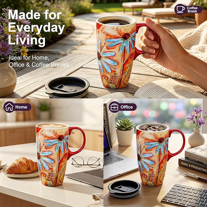 Topadorn 17 oz Ceramic Travel Mug, Colorful Floral Coffee Mug - Image 4