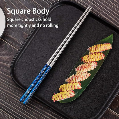 Titanium Plated Chopstick Stainless Steel Chopsticks Metal Chopsticks Reusable Dishwasher safe Premium Laser Engraved Chop Sticks for Eating 2 Pairs Gift Set Blue Silver