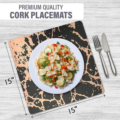 Dainty Home Black Rose Gold Marble Square Cork Placemats - Heat Resistant Placemats, Non-Slip, Easy Clean Placemats for Elegant Dining - 15"x15" Set of 2 - Perfect for Stylish, Modern Homes