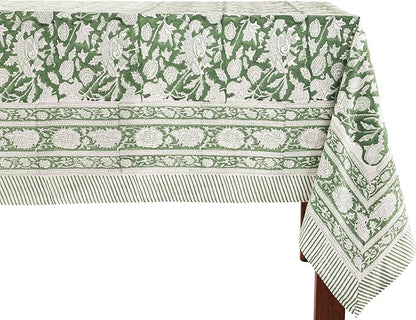 ATOSII Meraki Green 100% Cotton Fall Tablecloth, Handblock Print Rectangle Table Cover for Kitchen Dining Linen I Parties, Thanksgiving, Christmas, Wedding, Table Cloth I 72 X 120 Inches I 10 Seater
