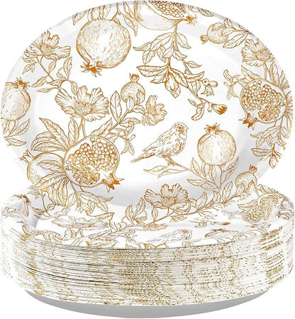 Grencian 50Pcs Fall Brown Pomegranate Oval Paper Plates 10"x12" Large Thanksgiving Party Plates Disposable Heavy Duty Autumn Pomegranate Platter for Fall Theme Party Decorations Harvest Party Supplies