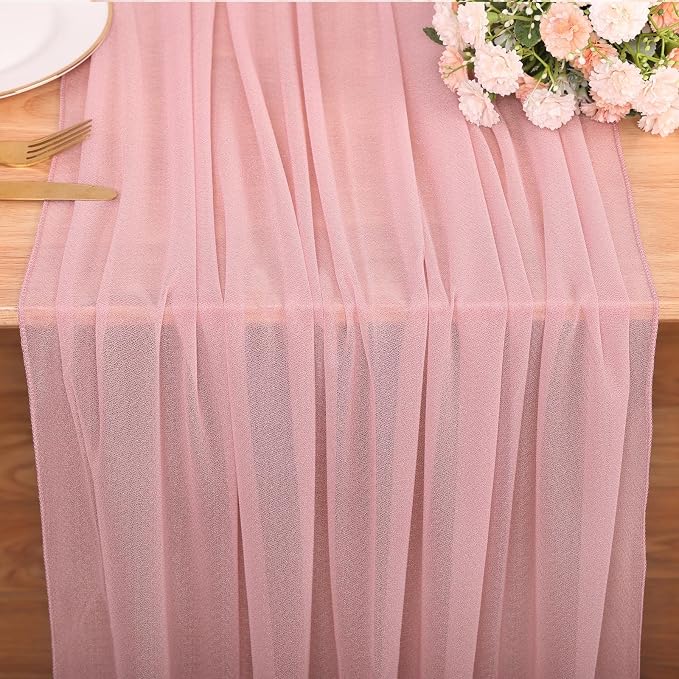 4 Pcs 10FT Dusty Rose Chiffon Table Runners 30x120 Inches Boho Tulle Fabric - Image 2