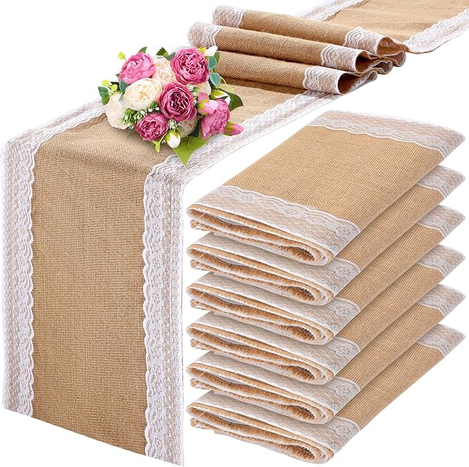 Tatuo 12 Pcs Lace Burlap Table Runner 12'' x 72'' Rustic Jute Hessian Farmhouse by Tatuo