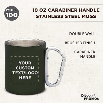 Custom Stainless Steel Mugs with Carabiner Handle 10 oz. Set of 100, Personalized Bulk Pack - Perfect for Coffee, Soda, Other Hot & Cold Beverages - Army Green
