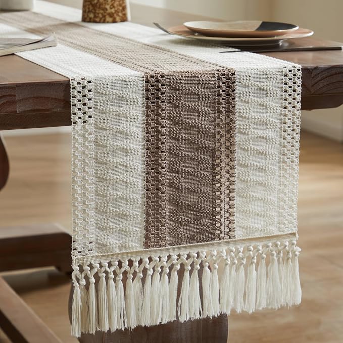 Macrame Style Bicolor Stitching Table Runner 14x72in Cocoa Brown | Woven Boho - Image 7