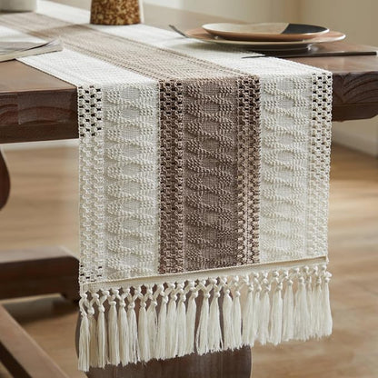 Macrame Style Bicolor Stitching Table Runner 14x48in Cocoa Brown | Woven Boho - Image 7