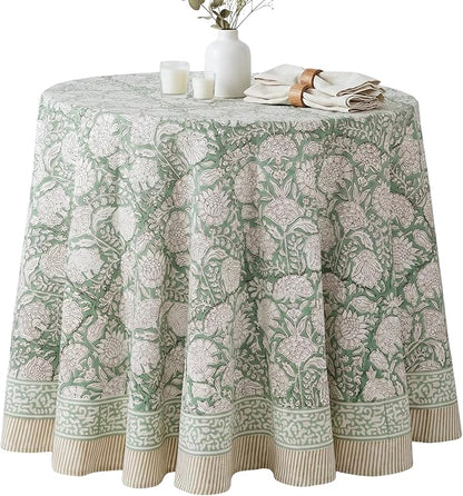 ATOSII Jade 100% Cotton Boho Round Tablecloth, Block Print Floral Table Cloth Linen for Dining, Parties, Weddings, Outdoors I Table Decor 90" Inches I