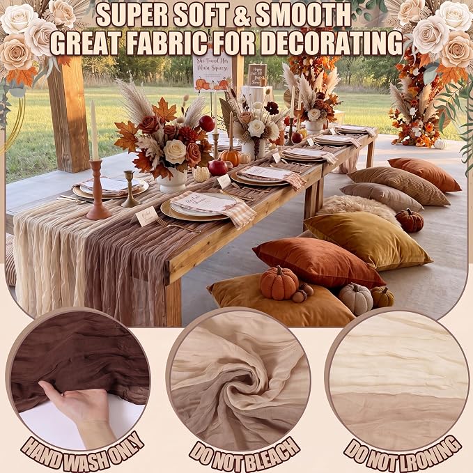12 Pcs Fall Cheesecloth Gauze Table Runners, Gradient Brown | Thanksgiving - Image 3