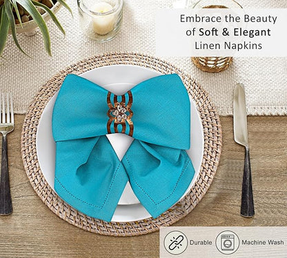 Ruvanti Premium Linen Napkins Set of 4-20x20 Inch, Classic Hemstitch, Mitered Corner Cloth Napkins ‎‎- Soft, Elegant Dinner Napkins Cloth Washable for Weddings, Parties, Everyday Use - Blue